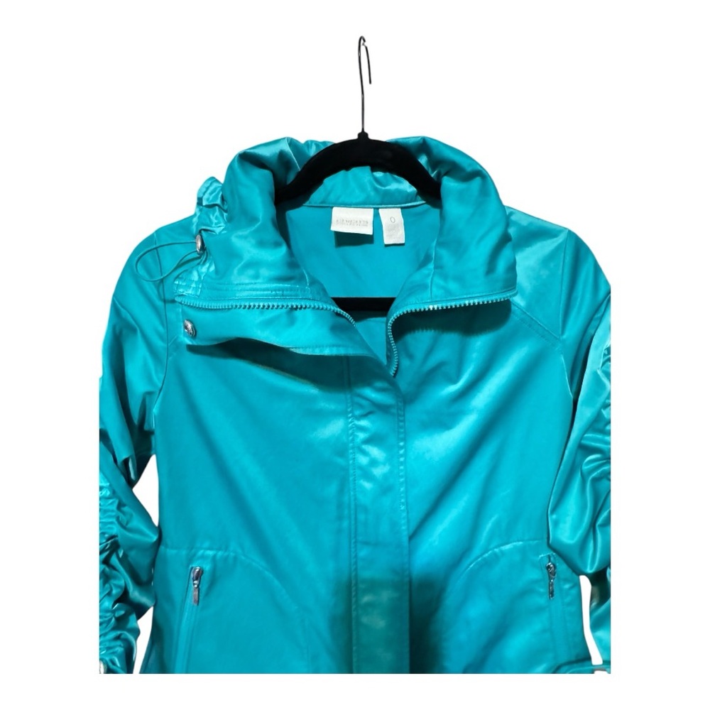 Chico’s Aqua Blue Teal Ruched Sleeve Satin Femme Moto Jacket Size 0 Bomber Biker - Picture 5 of 10